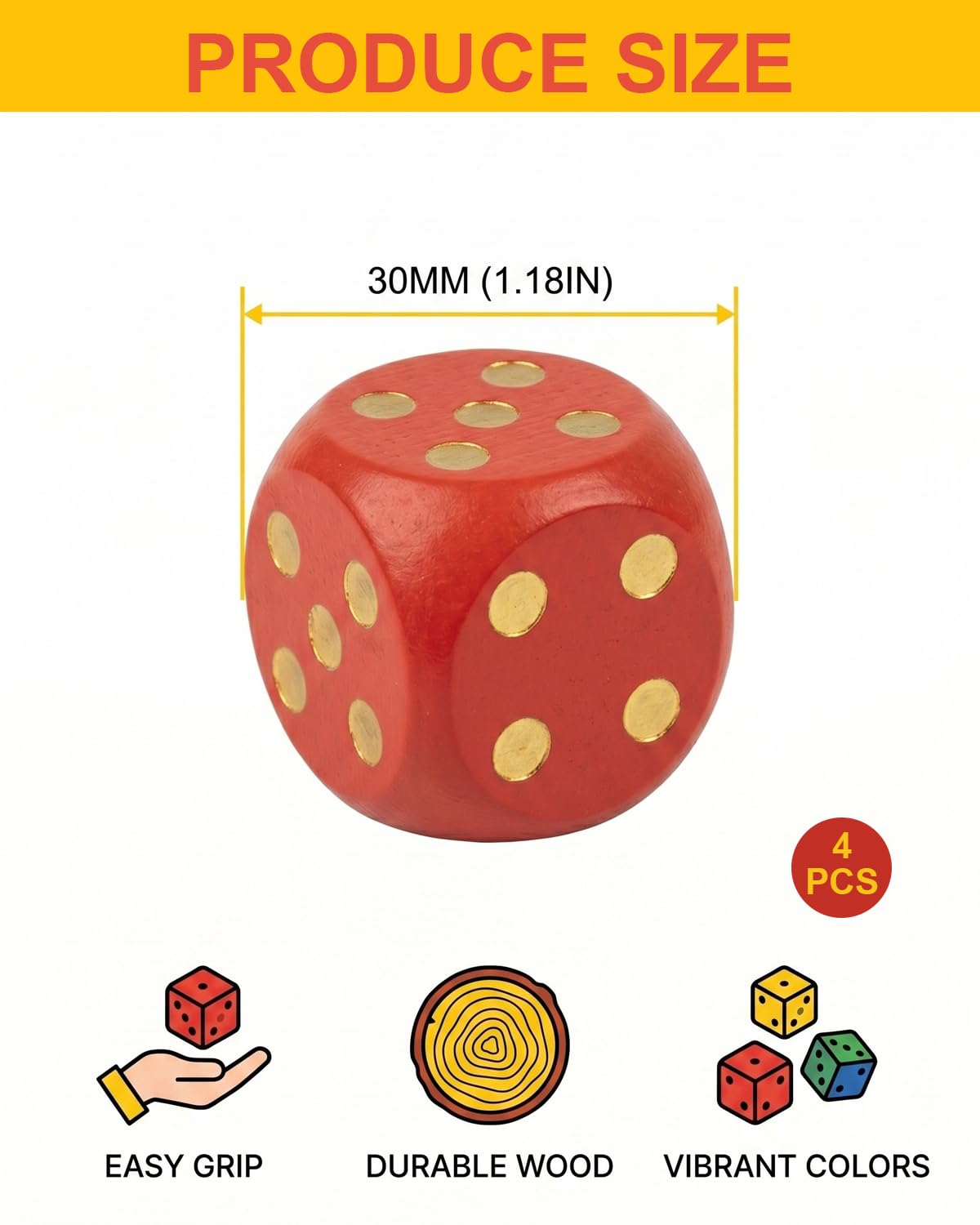 4 Pezzi Grandi Dadi da Gioco 30mm Colorati Naturali per Bambini, Anziani, Giochi da Tavolo, Casa, Feste, Giochi di Dadi, Matematica
