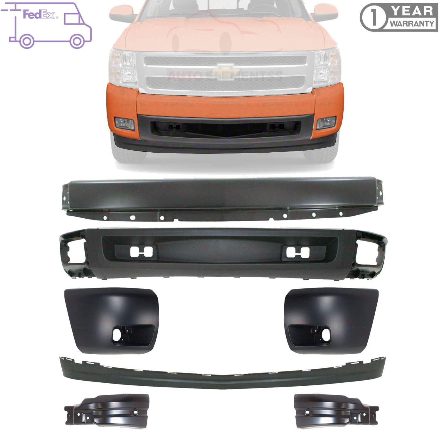 Front Bumper Primed Steel + Lower Valance Air Deflector + Extension + End Caps + Brackets For 2007-2013 Chevrolet Silverado 1500 Direct Replacement