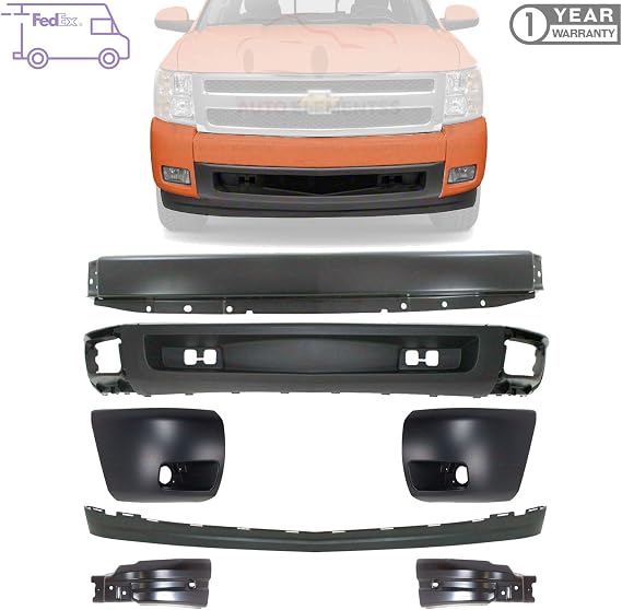 Front Bumper Primed Steel + Lower Valance Air Deflector + Extension + End Caps + Brackets For 2007-2013 Chevrolet Silverado 1500 Direct Replacement