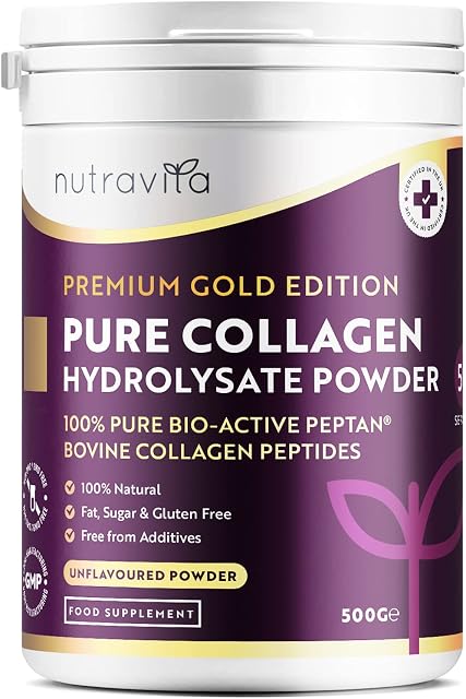 Collagen Powder 500g - Premium Gold Standard Bovine Collagen Peptides Powder - 50 Servings - Peptan® Bovine Collagen Peptides Supplement with 8 Essential Amino Acids - Made in The UK by Nutravita