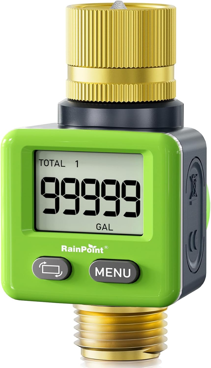 RainPoint Brass Water Flow Meter ±5% Accuracy, 180° Flip Screen, 4 Modes for Garden Hose, Sprinklers, RV Tank - Green