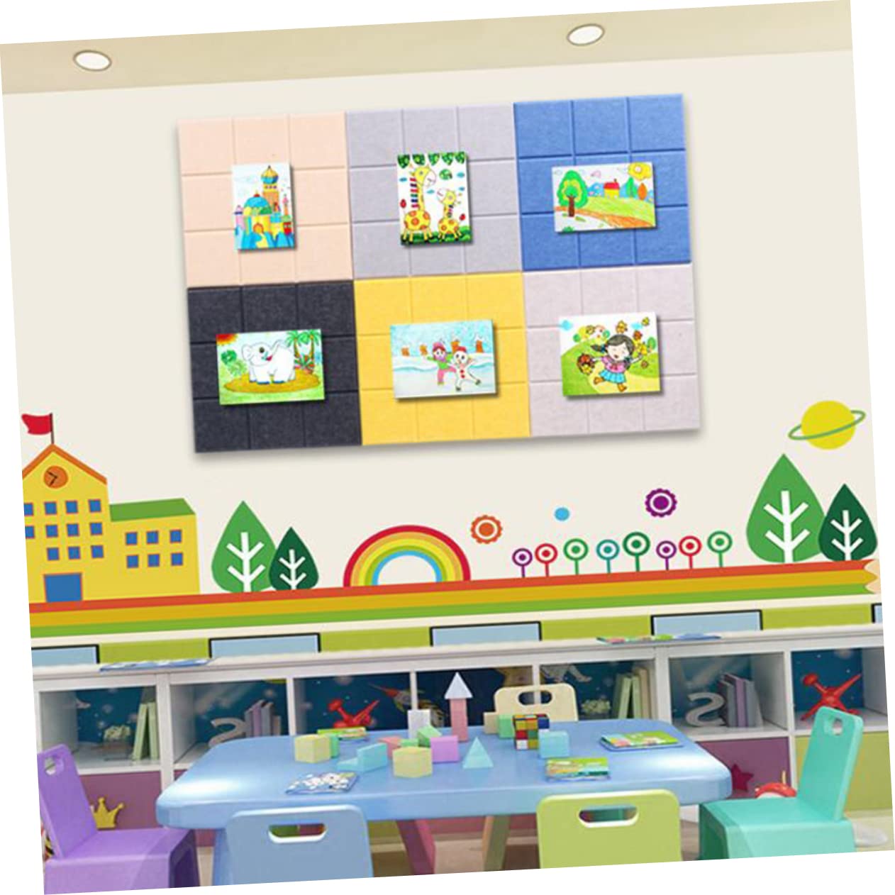 TEHAUX Square Wall Artworks Felt Wall Decoration 4 Pack Felt Board Tiles Pinboards Light Grey