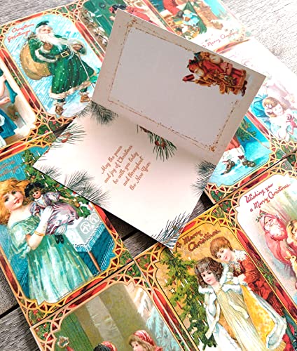 Image of PIXILUV CHRISTMAS SCENES (Pack of 12) Notecards Small Greeting Cards # Beautiful Christmas Scenes Framed in Red Borders ~ Vintage Christmas Postcards Reprint
