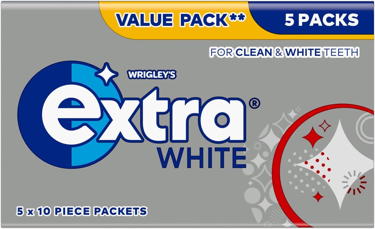 White Sugar Free Chewing Gum, 5 Pack Multipack - Mint Fresh Breath Teeth Whitening Gum - Air Travel Essentials, Festival Accessories, Summer Holiday & Road Trip Snacks