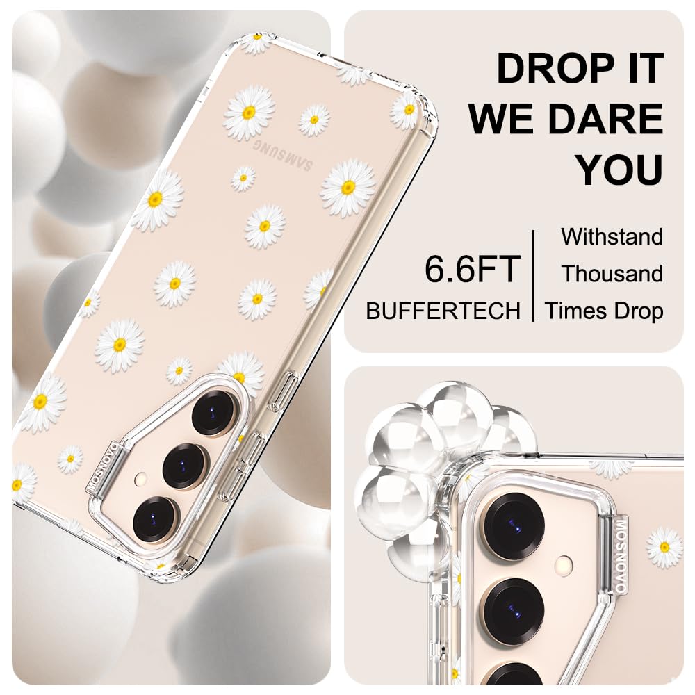 MOSNOVO Case for Samsung Galaxy S25 / Galaxy S24, [Buffertech 6.6ft Military-Grade Drop Protection] [Anti Peel Off Tech] Clear TPU Bumper Phone Case Cover Design - White Daisy - 5