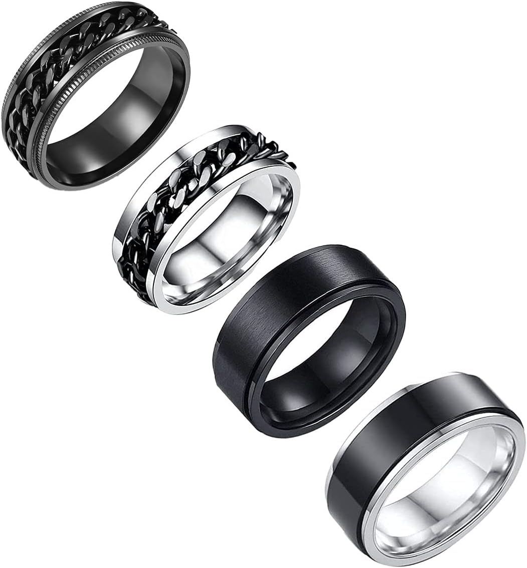 Stainless Steel Ring Set (4pcs Band), Men's Wedding Rings, Cool Spinner Rings, Black, Silver, Gold, Blue, 8mm Width, Unisex