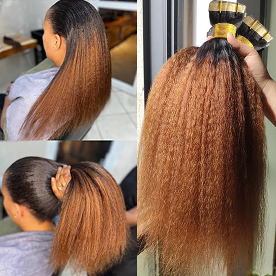 Ombre Burgundy Wine Red Kinky Straight Tape on Extensions Human Hair 1b/99j Seamless Taping In Real Human Hair Extension 50g/20pcs for Women Skin Weft Coarse Straight Tapes Ins 18 Inch