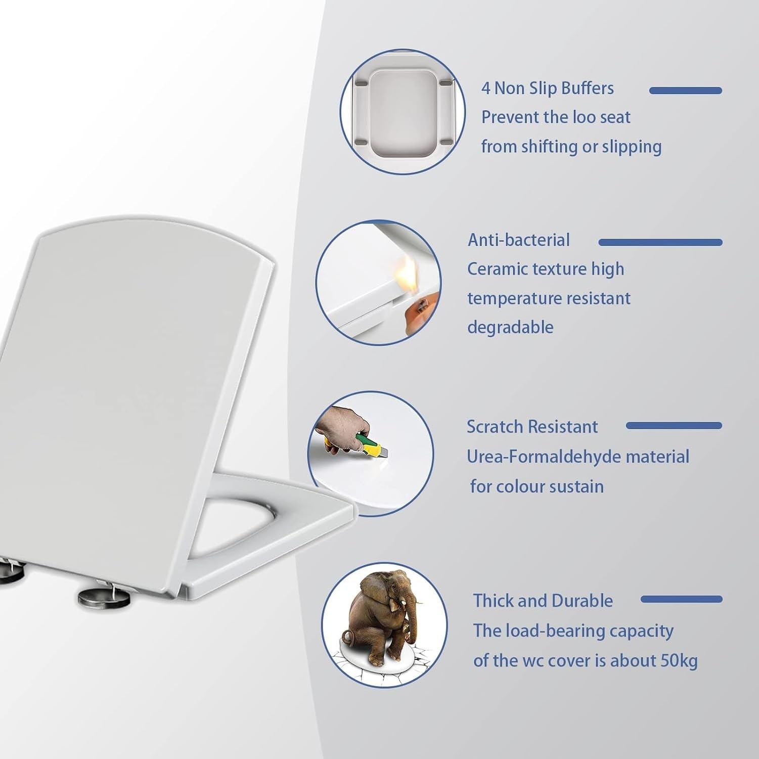 WC-Brillensitz Toilettensitz Eckig mit Absenkautomatik Quick-Release Universal Klobrillen-Ersatz weiß Familie Komfort-Deckel Toilette Sitz 44–50 x 37 cm