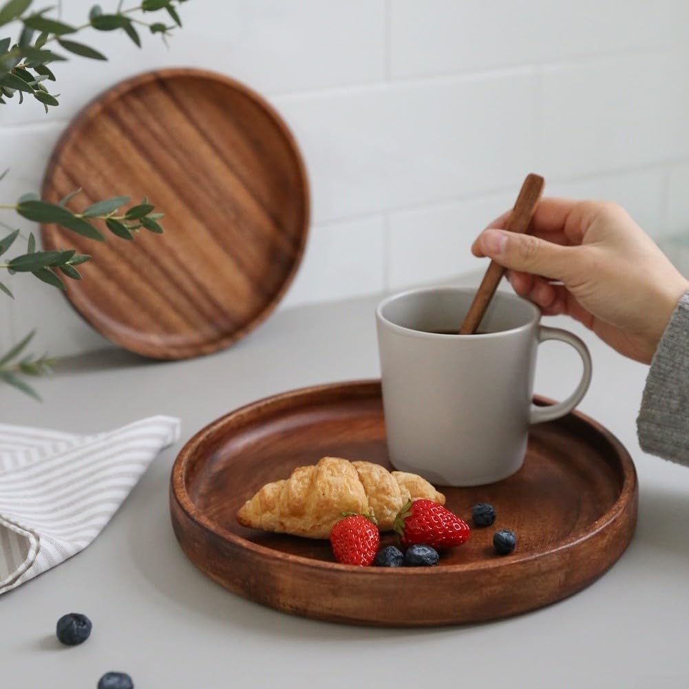 Plateau de service rond en noyer – 30 cm – Plateau rustique pour table basse pour thé, desserts et collations – Plateau en bois de décoration rustique pour la maison et la cuisine