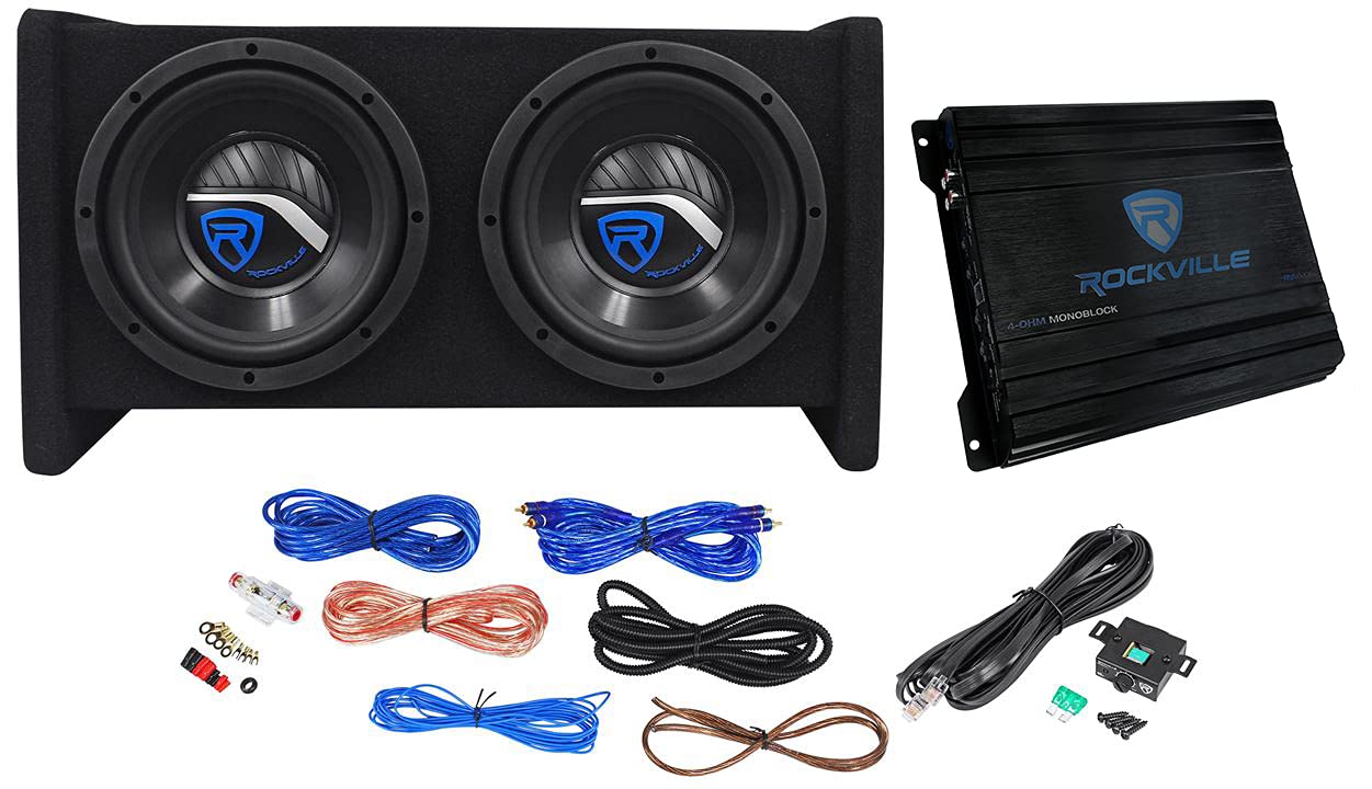 Rockville RV8.2A Dual 8" 800W Subwoofers + 1200W Mono Amp Car Audio Kit, CEA-2006 Compliant, Ported Enclosure, Complete Wiring for Deep Bass