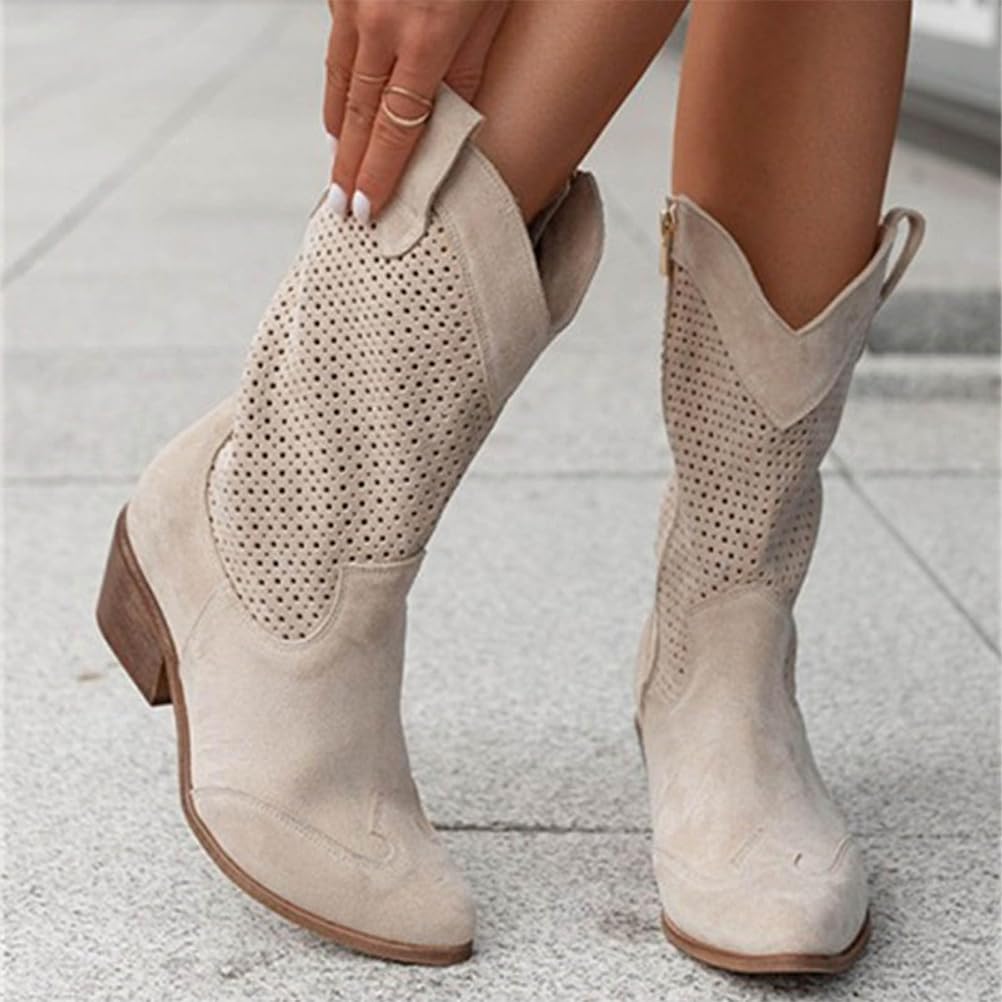 Cowboystiefel Damen Sommer Stiefeletten Wildleder Westernstiefel Kurz Stiefel Niederung Halbhoch Ankle Boots