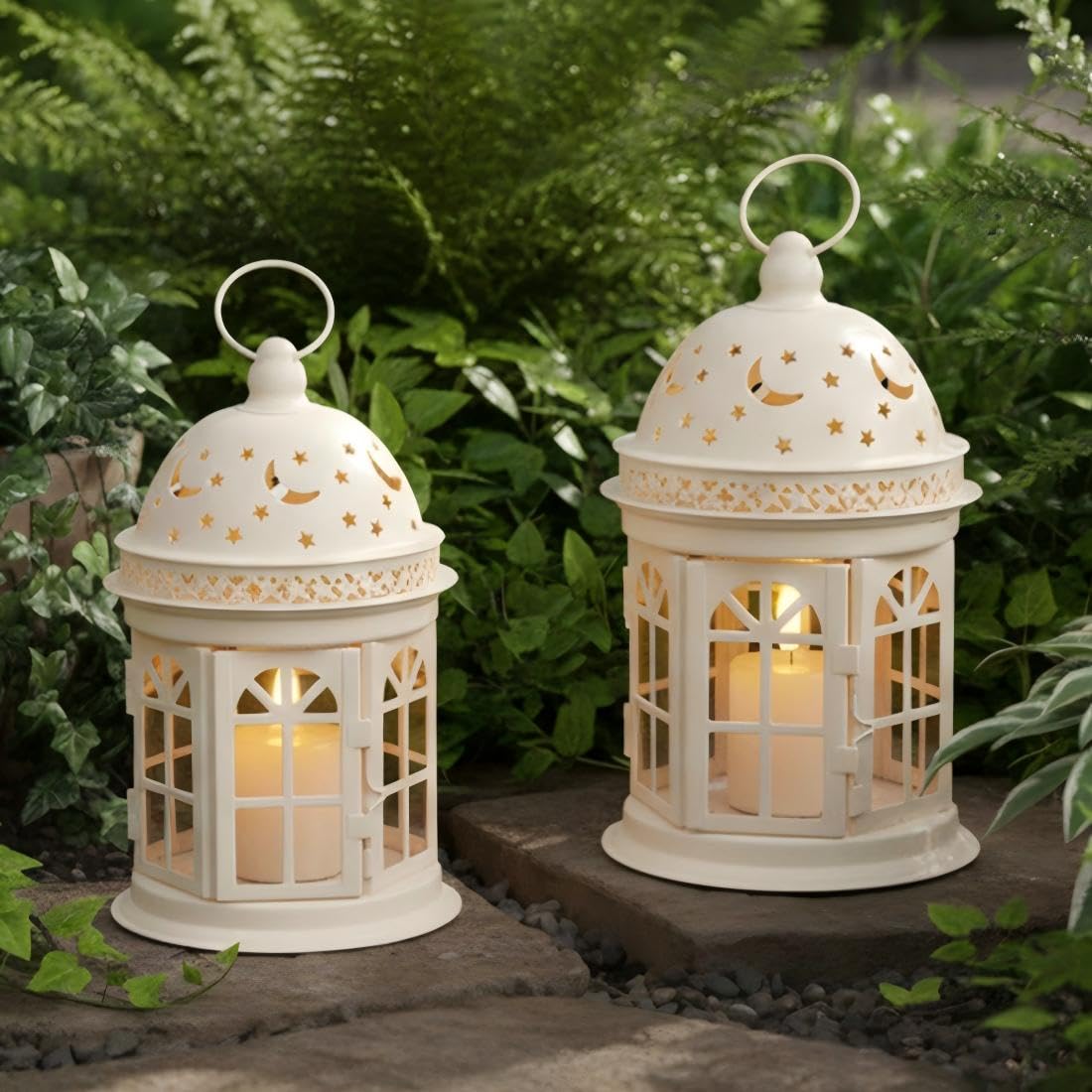 JHY DESIGN Set of 2 Decorative Lanterns-8.5 inch High Vintage Style Hanging Lantern Metal Candle Holder for Indoor Outdoor Events Parities and Weddings (White)