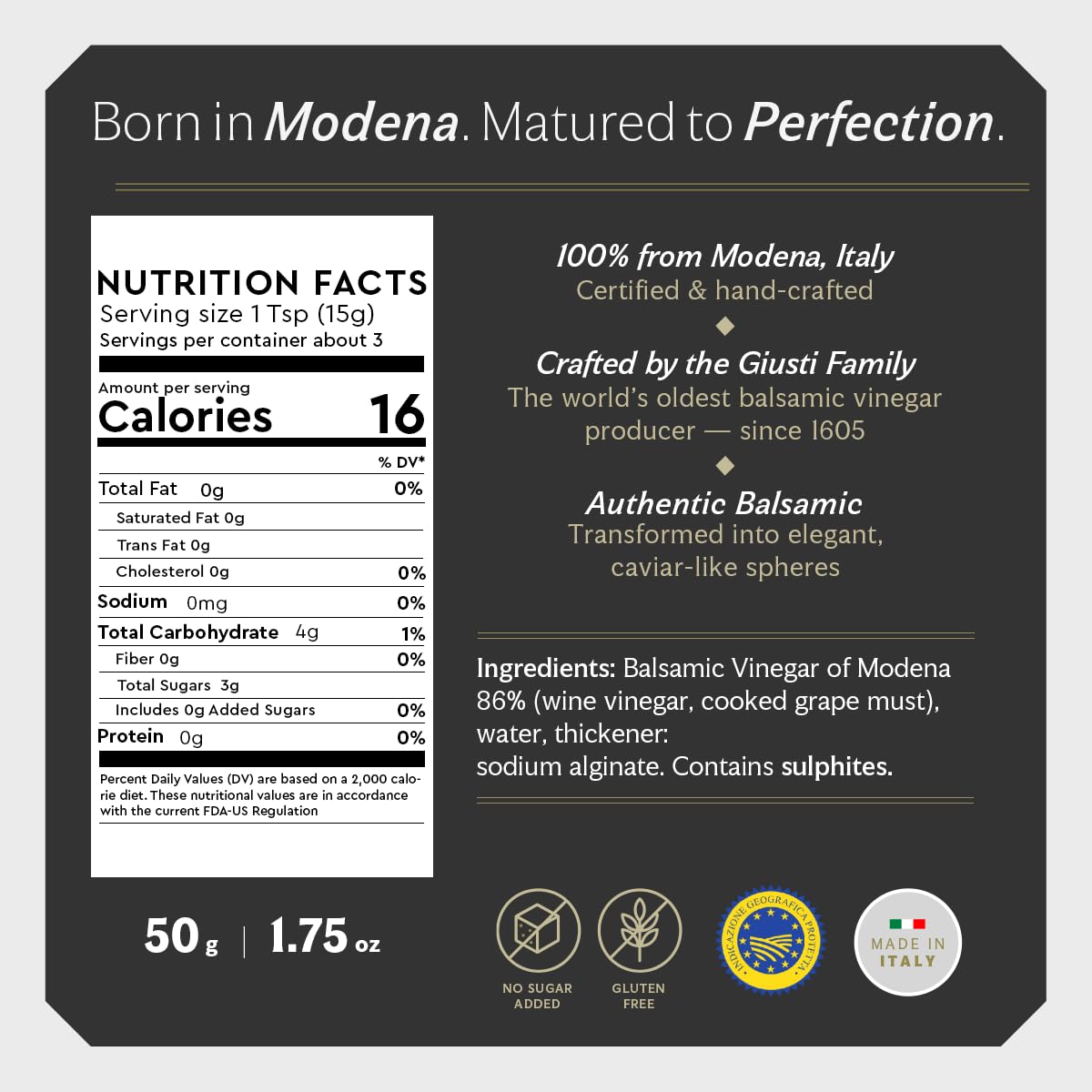 Giusti Balsamic Vinegar Pearls – Authentic Italian Gourmet Aceto Balsamico di Modena Caviar for Finishing on Meats, Salads, Seafood, Desserts, & Cocktails, Premium Garnish – 1.35 oz (40 g) - Pack of 1