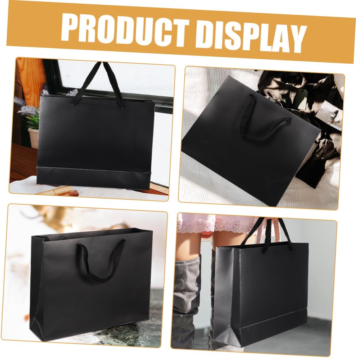 ROMISBABA 6pcs Black Paper Bags Handles Treat Bags Candy Goodie Party Favor Bulk for Birthdays Weddings