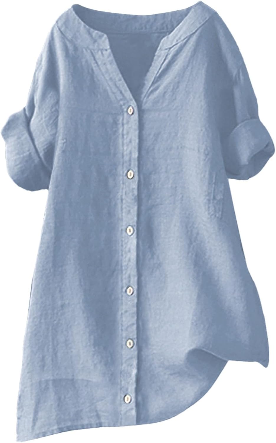 Cotton Linen Shirts for Girls Short Sleeve V Neck Tunic Tops Blouses Trendy Button Down Shirts Oversized Cute Tshirts