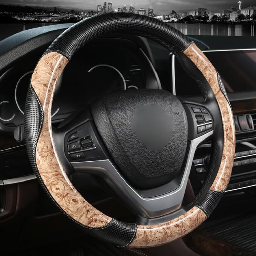 Wood Grain Steering Wheel Cover Four Seasons Universal Leather Anti-Slip Odorless Breathable 15 Inch Fit Car Wheel Protector (Coffee)