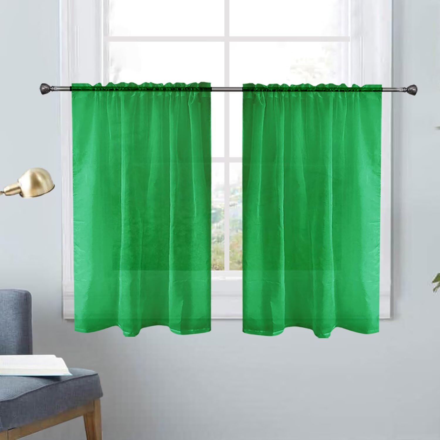 SpaceDresser Basic Rod Pocket Sheer Voile Window Curtain Panels Green 1 Pair 2 Panels 26 Width 40 Inch Long for Kitchen Bedroom Children Living Room Yard（Green，26Wx 40L）