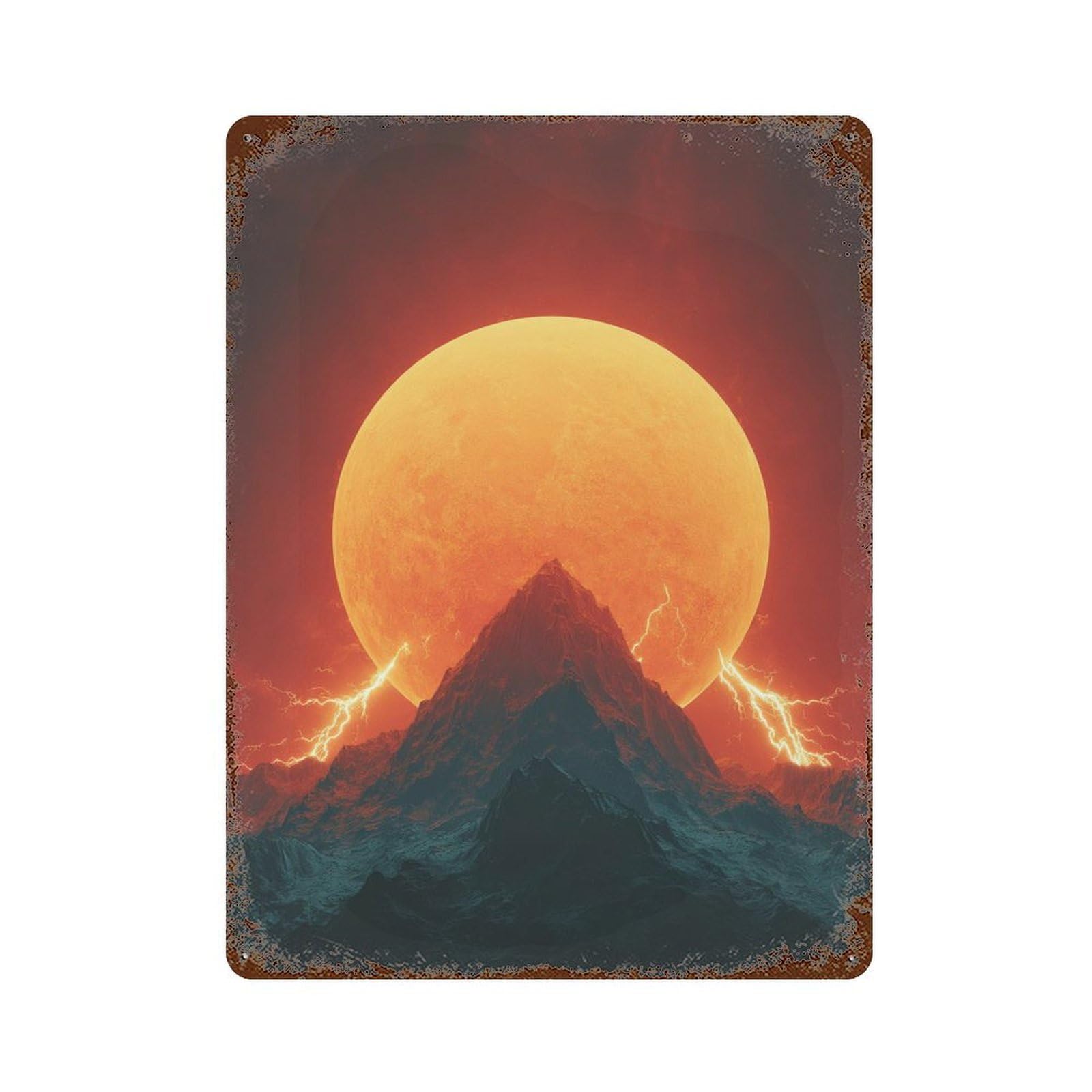 Rusty Metal Tin Sign with Volcanic Mountain Sunset Design 15.7"x11.8", for Shed, Workshop And Garage Wall Decor, Classic Wall Plaque