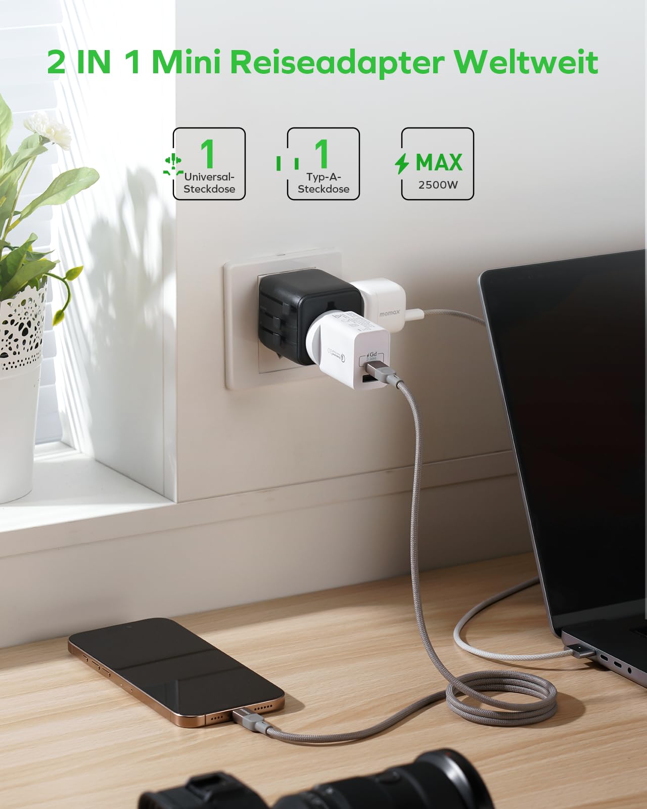 MOMAX Klein Reiseadapter Weltweit, 2 AC Travel Adapter Worldwide, 2-in-1 Universal Adapter für EU UK USA Japan (Ohne USB-Anschluss)