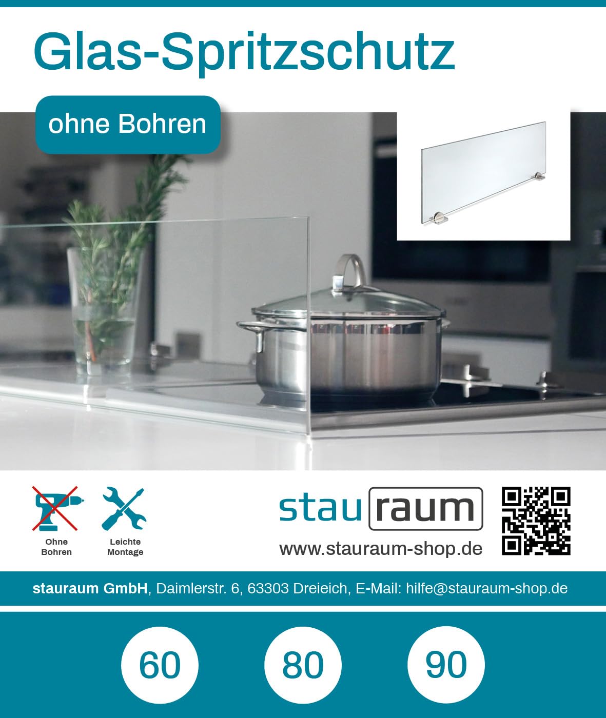 Spritzschutz Halterung ohne Bohren Herd Kochinsel mit Glasplatte 90cm Breite