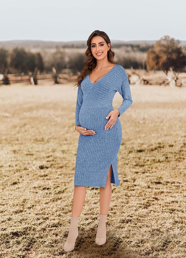 Wrap V Neck Maternity Sweater Dress Rib Knit Batwing Open Back Slit Pregnancy Dresses for Baby Shower Maternity Photoshoot Outfits Sky Blue - Image 2