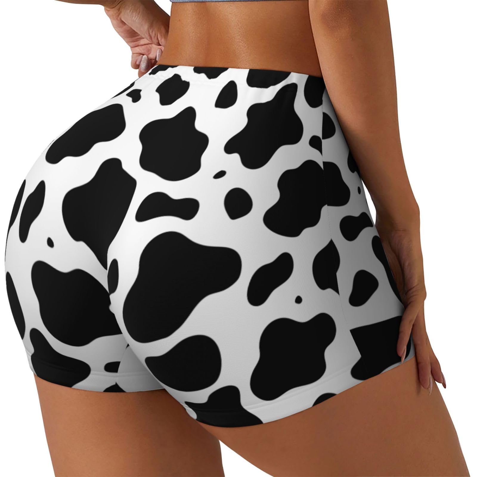 SEOCKA Black White Cow Print Women's High Waist Workout Yoga Shorts Stretch Shorts Running Sports Short Pants Large