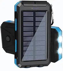 Power Bank Solar Portátil, 10000mAh, Preto, Carregamento Rápido, Bateria Solar com LED, USB Duplo, Resistente à Água IP4, para Smartphones e Dispositivos USB (Azul)
