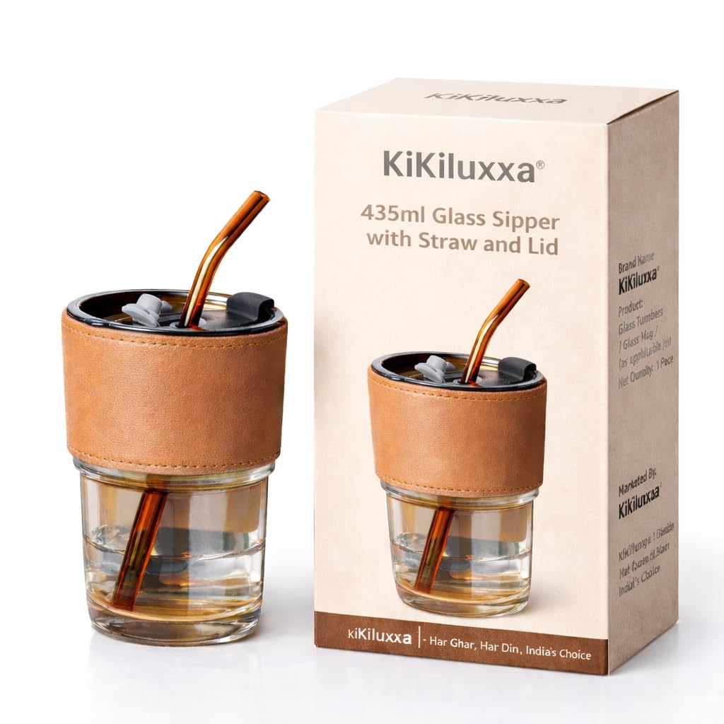 KiKiluxxa Glass Sipper Tumbler Lid And Straw Coffee Tumbler Tea Coffee Mugs With Leather Sleeve Cup And Mug For Kids Milk Juice Mug For Water Drinking Sipper (Brown),435 ML