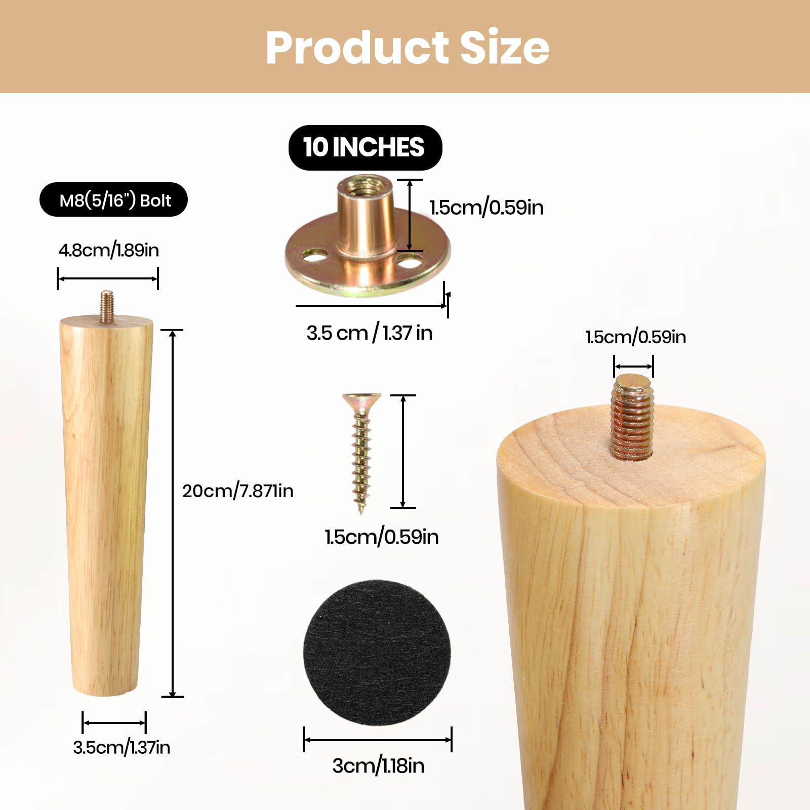 Zllzpzd Wooden Furniture Feet, Pack of 4 Wooden Feet for Furniture, Conical Replacement, 20 cm Cabinet Feet with Mounting Plate, Table Legs with Felt Gliders, Furniture Legs for Sofa, Bed, Dresser - Image 2
