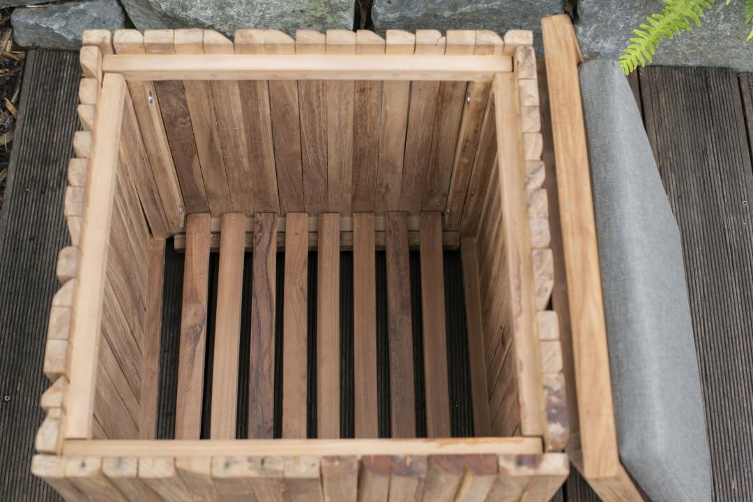 MR. DEKO Teakbox Oxford Sitzhocker inkl. Sitzkissen | Teak Holz Gartenhocker Wetterfest | Auflagenbox Klein Massivholz Teakholz | Beistelltisch Garten Stauraum | Sitzbox Balkon 45x45 cm