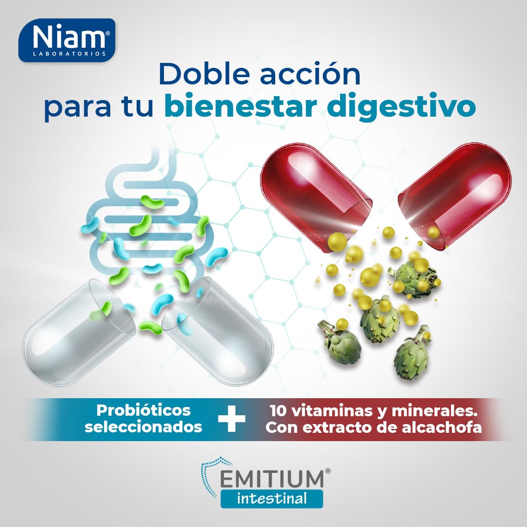 Probióticos para Intestino y Colon | 60.000 Millones UFC con Prebióticos, Alcachofa y Zinc | Flora y Microbiota Intestinal | Gases, Hinchazón, Diarrea | 60 Cápsulas | EMITIUM Intestinal
