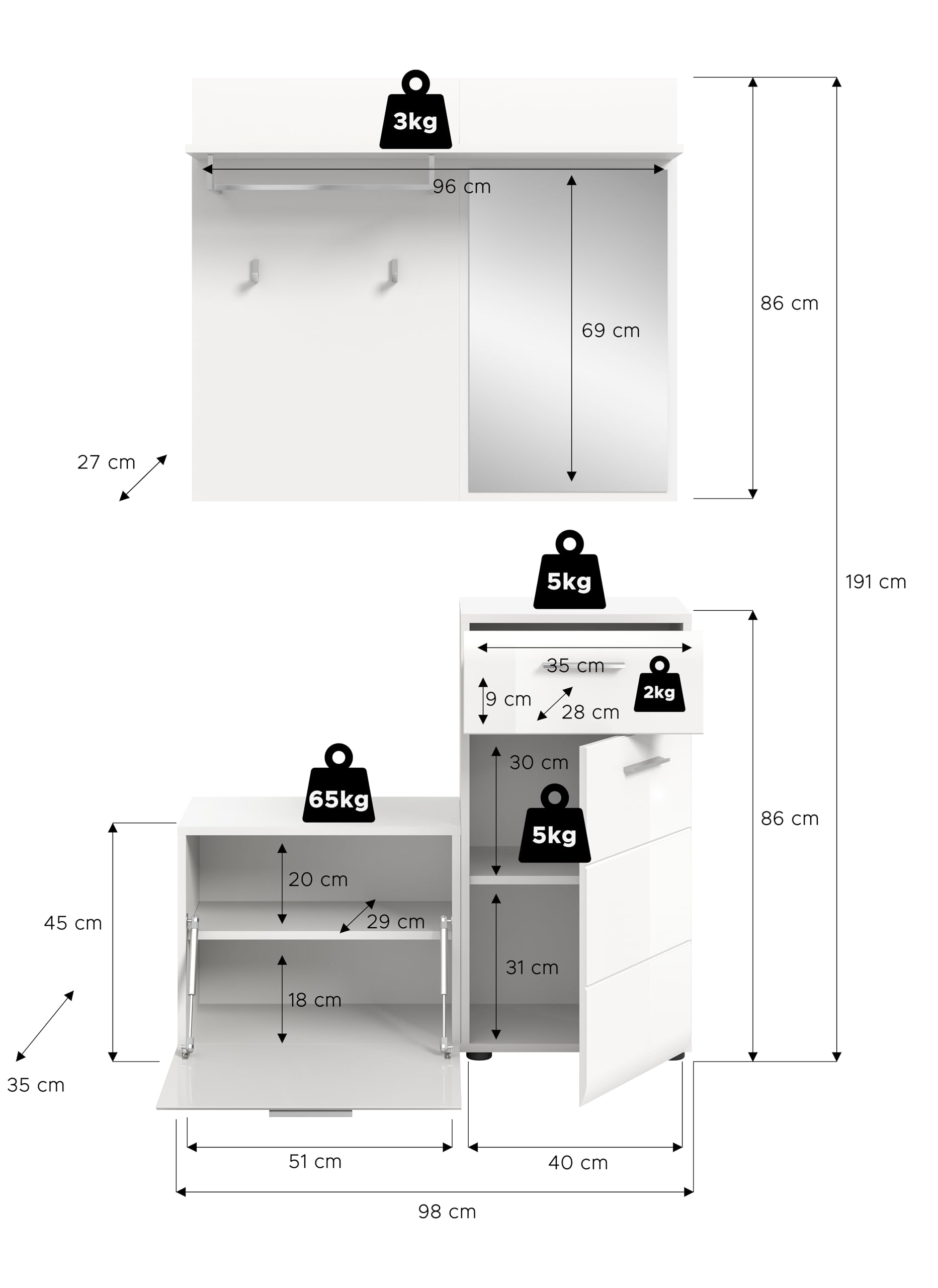 xonox.home - Garderobenkombination Ice 4 teilig 98x191x35 cm in Korpus weiß und Front weiß Hochglanz - Garderobenschrank Garderobenset Flurmöbel-Set Flursystem Stauraumlösung