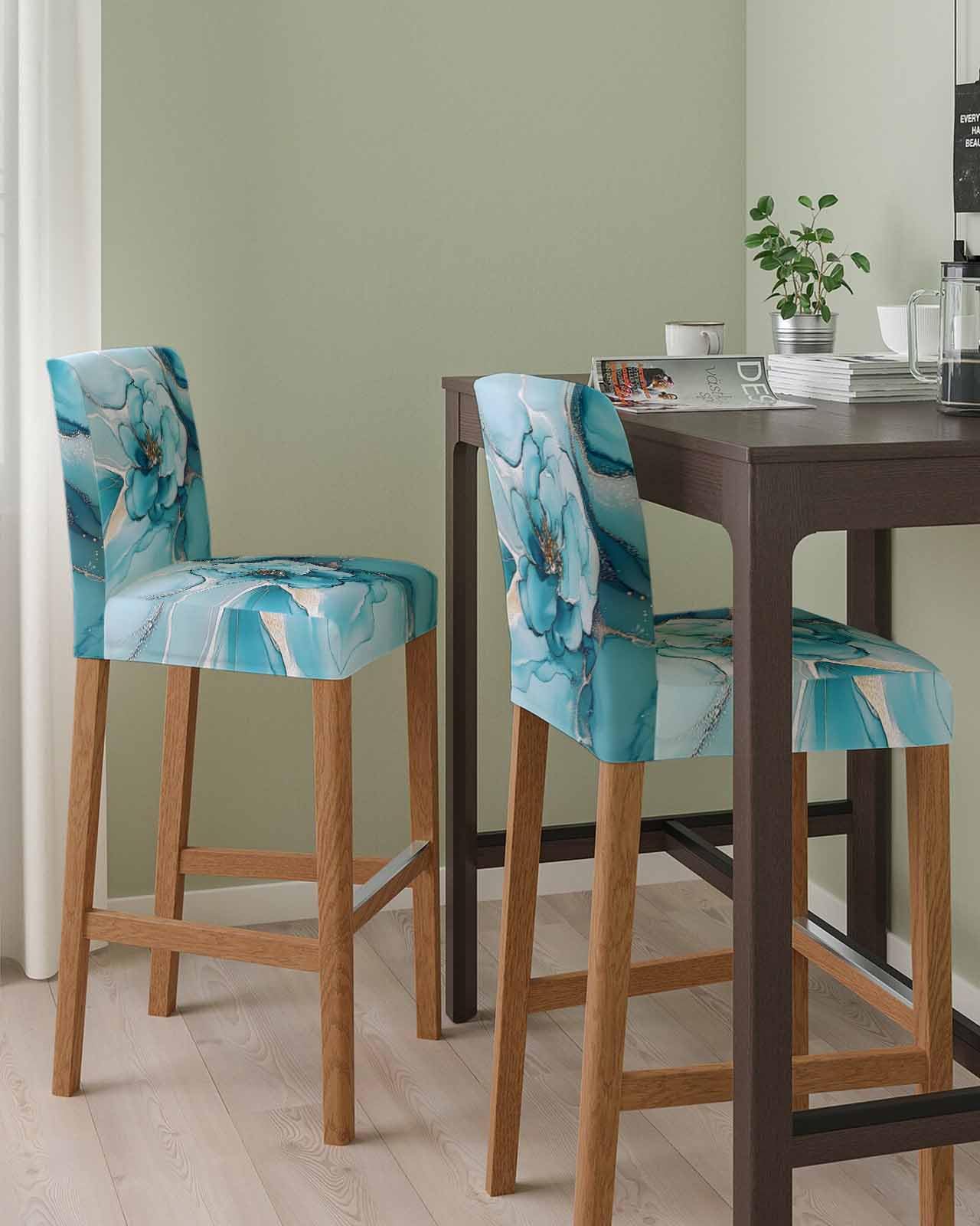 Wowouhiya Teal Floral Marble Bar Stool Covers - Stretch Dining Chair Covers Set of 4, Modern Abstract Ink Painted Art Bar Chair Cover Removable Counter Stool Pub Chairs Slipcovers Protectors