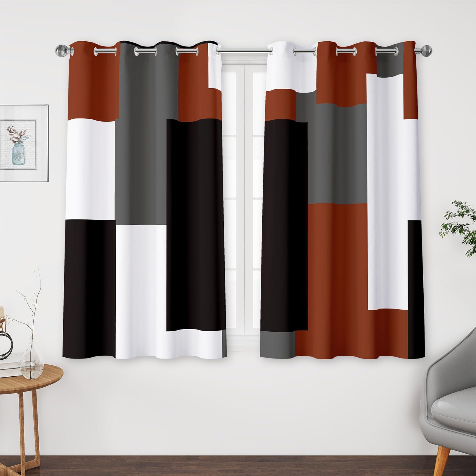 Tyrot Burnt Orange 100% Blackout Curtains for Bedroom 45 inch Length 2 Panels Set Grey Modern Abstract Geometric Black Out Curtains Insulated Room Darkening Window Drapes for Living Room, 52Wx45L