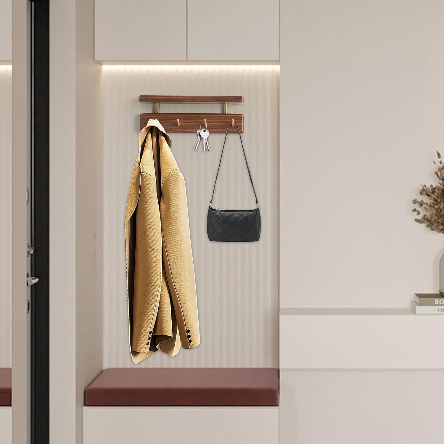 Solid Wood Shelf with Hooks, 12 inch Coat Rack Wall Mount, Shelves with 4 Brass Hooks for Hanging in Entryway, Living Room, Bathroom, Bedroom, Kitchen(Walnut)
