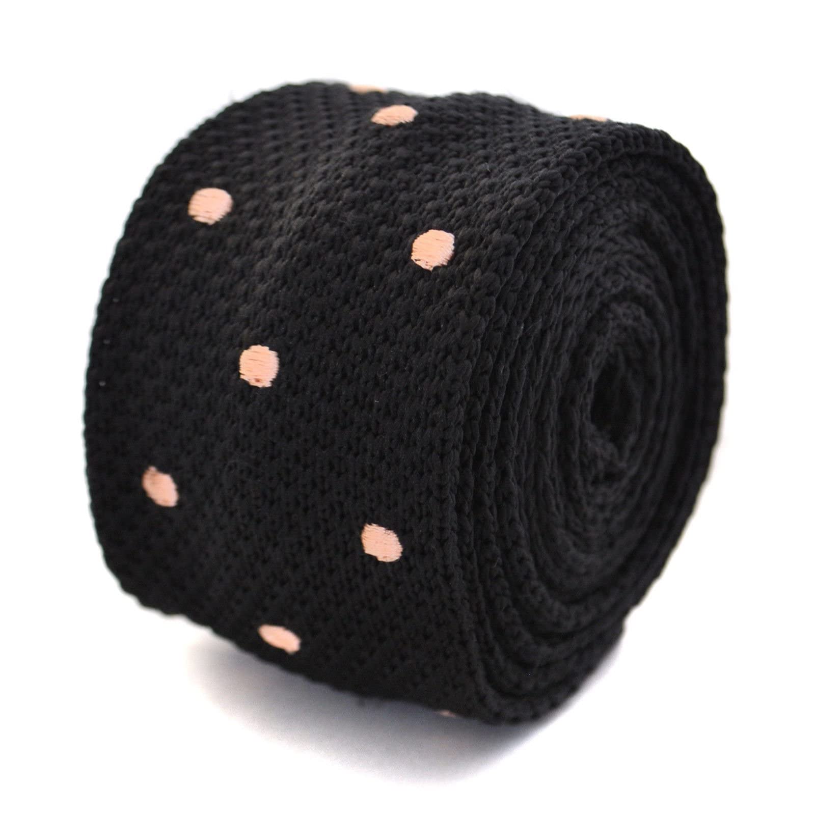 Frederick Thomas Black Knitted Tie with Light Pink Spots, 5cm Wide Slim Fit Necktie and 147cm Long Fashion Accessory for Office, Weddings, Formal and Evening Wear