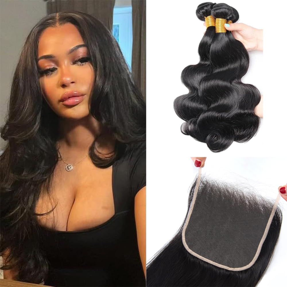 KRN Body Wave Bundles with Closure Human Hair, Real 5x5 HD Lace Closure with Bundles (12 14 16+10 Inch) 12A Unprocessed Brazilian Virgin Human Hair