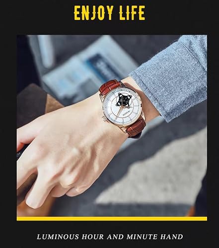 W WOLF-CUB Mens Automatic Watches Classic Royal Skeleton Steampunk Mechanical Wristwatch with Waterproof Genuine Leather Strap, Fashion Male Clock Gifts for Him (Brown&White)