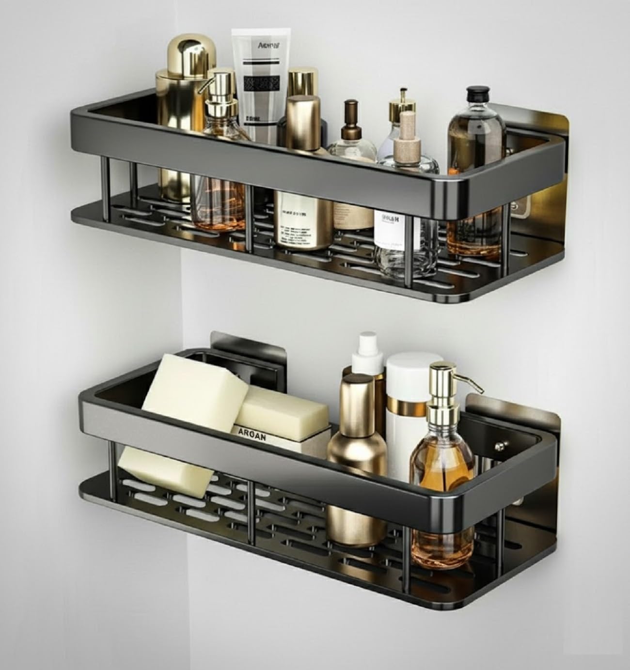 2-Pack Aluminum Wall Mounted Bathroom Shelf Organizer – Self Adhesive, No Drill, Floating Storage Rack for Bathroom, Kitchen & Cabinet – Large Capacity, Rustproof, Lightweight (Black Aluminum Shelves)-image-29