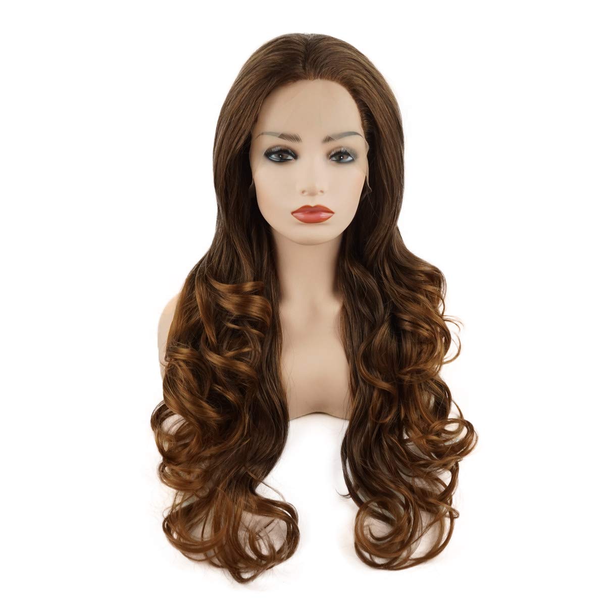 Hair Wavy Long 26inch Dark Root Brown Ombre Half Hand Tied Heavy Density Realistic Synthetic Lace Front Wigs