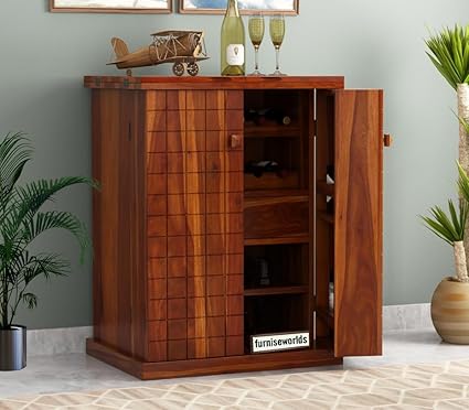 Wood World Furnitures Wooden Bar Cabinet for Home Rack Hard and Soft Drinks Drawer Storage Solid Sheesham Wood Bar Cabinets for Living Room Wine Wisky Scotch All Type Drinks