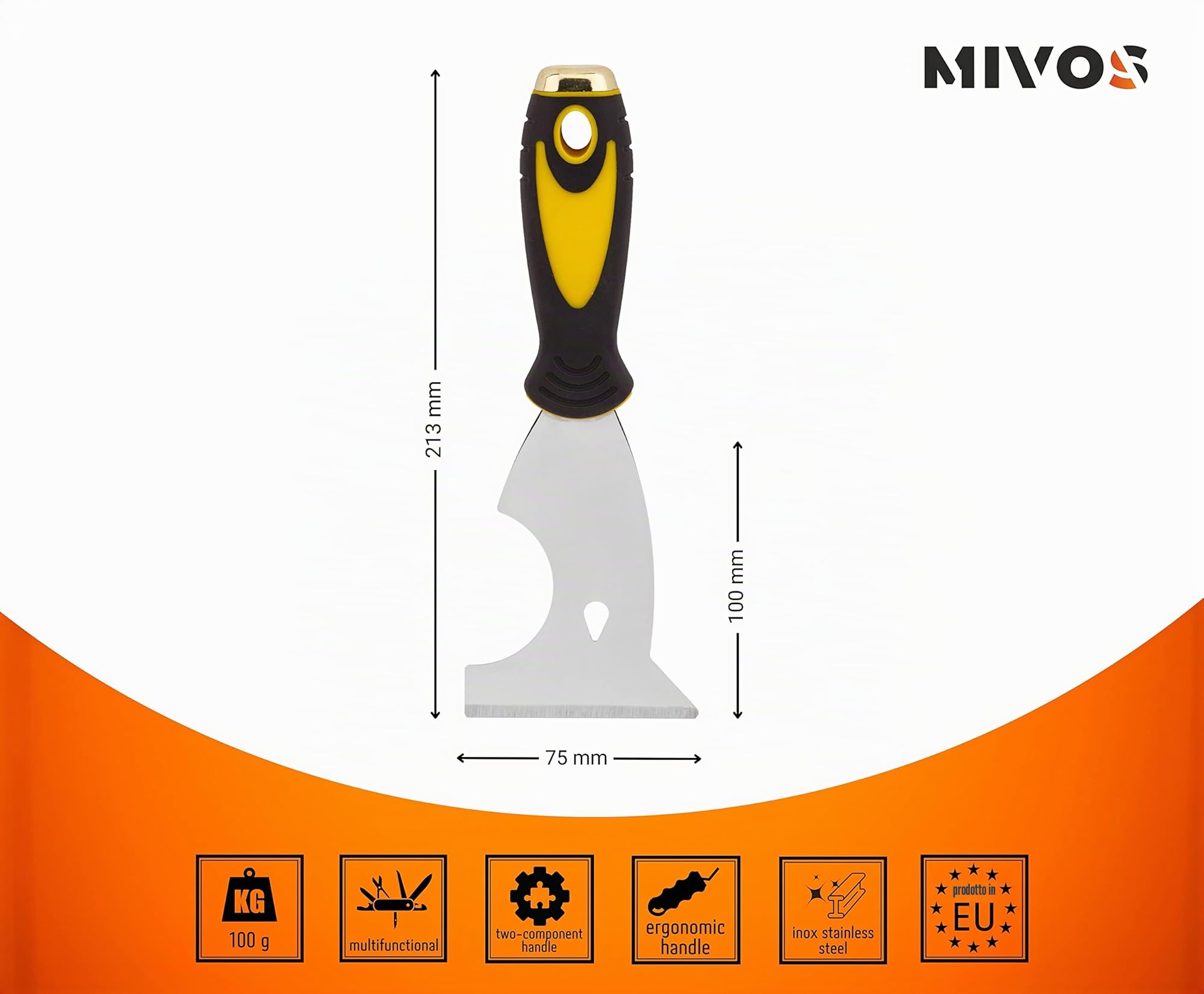 Mivos Spatola multifunzione in acciaio inox con lama da 75 mm/raschietto multifunzione con piastra battente/raschietto con manico antiscivolo/Made in EU