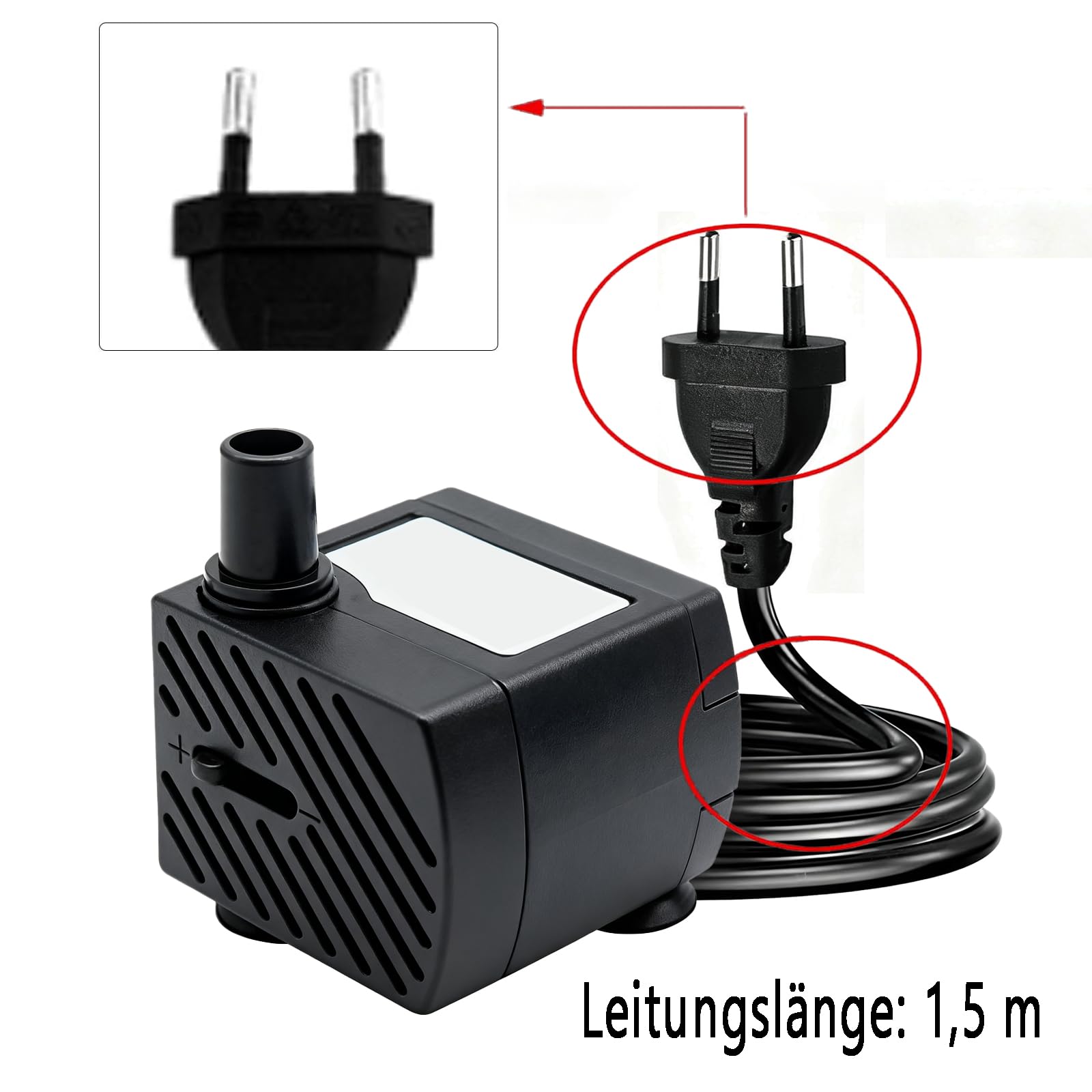 Mini pompa głębinowa, 180 l/h, 3 W, bardzo cicha z przewodem zasilającym o długości 1,3 m, z 1 dyszą do akwarium, stawu, wtyczka UE