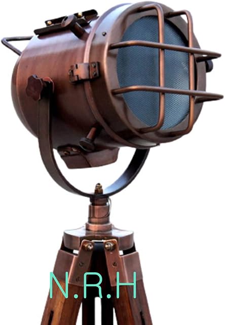 Nautical Handmade Copper Floor Lamp with Wooden Tripod Portable Office Lighting Decor Marine Low Floor Lamp Searchlight Home Decor