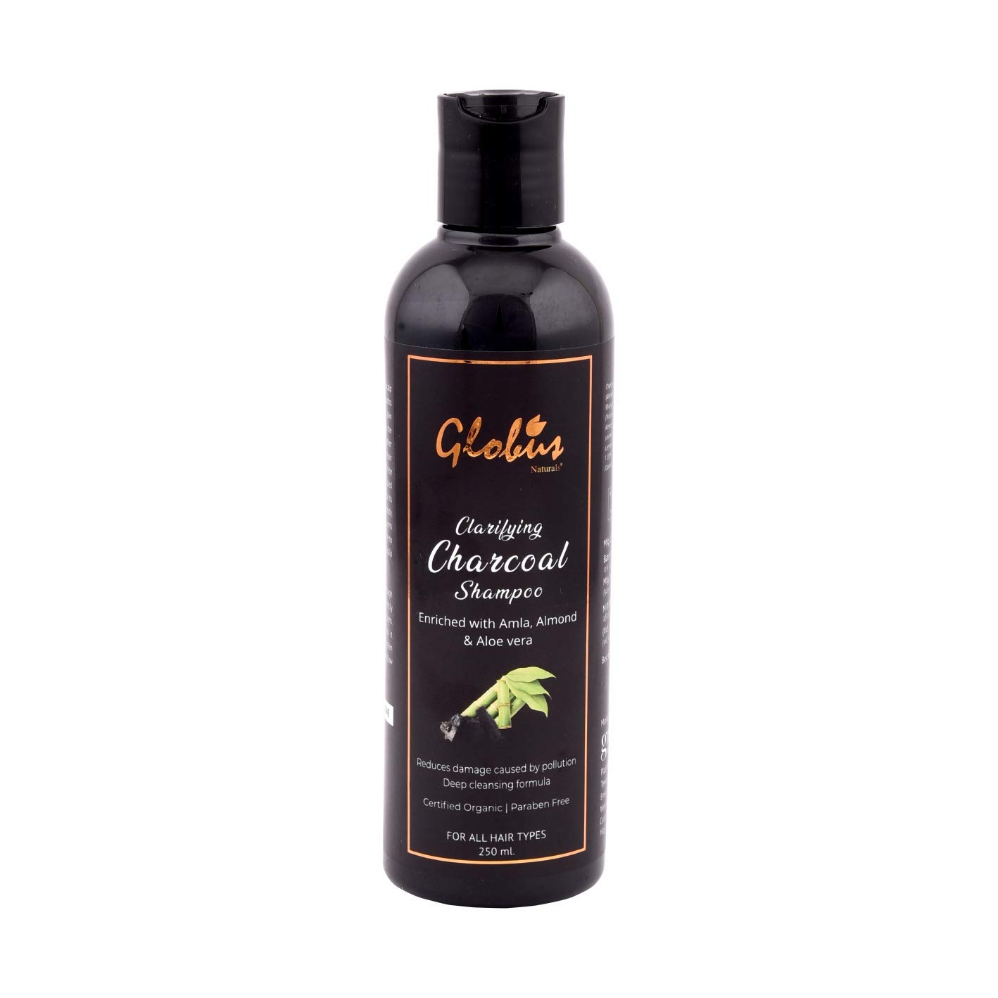 Globus Naturals Clarifying Charcoal Shampoo 250 ml | Enriched with Amla, Almond| Reduces damage caused by pollution | Deep cleansing formula | Certified Organic | Paraben Free | For Oily Hair & Scalp