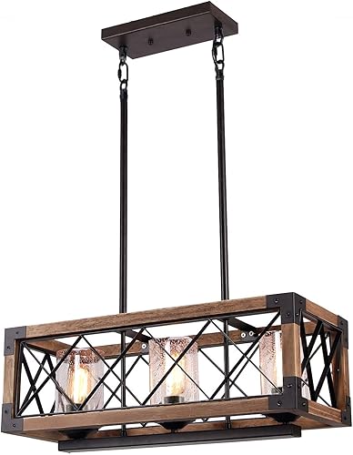 Miniatura 2 de Giluta Lámpara colgante de isla de cocina, lámpara rectangular de metal de madera, acabado negro, rústico, industrial, lámpara de techo vintage, 3