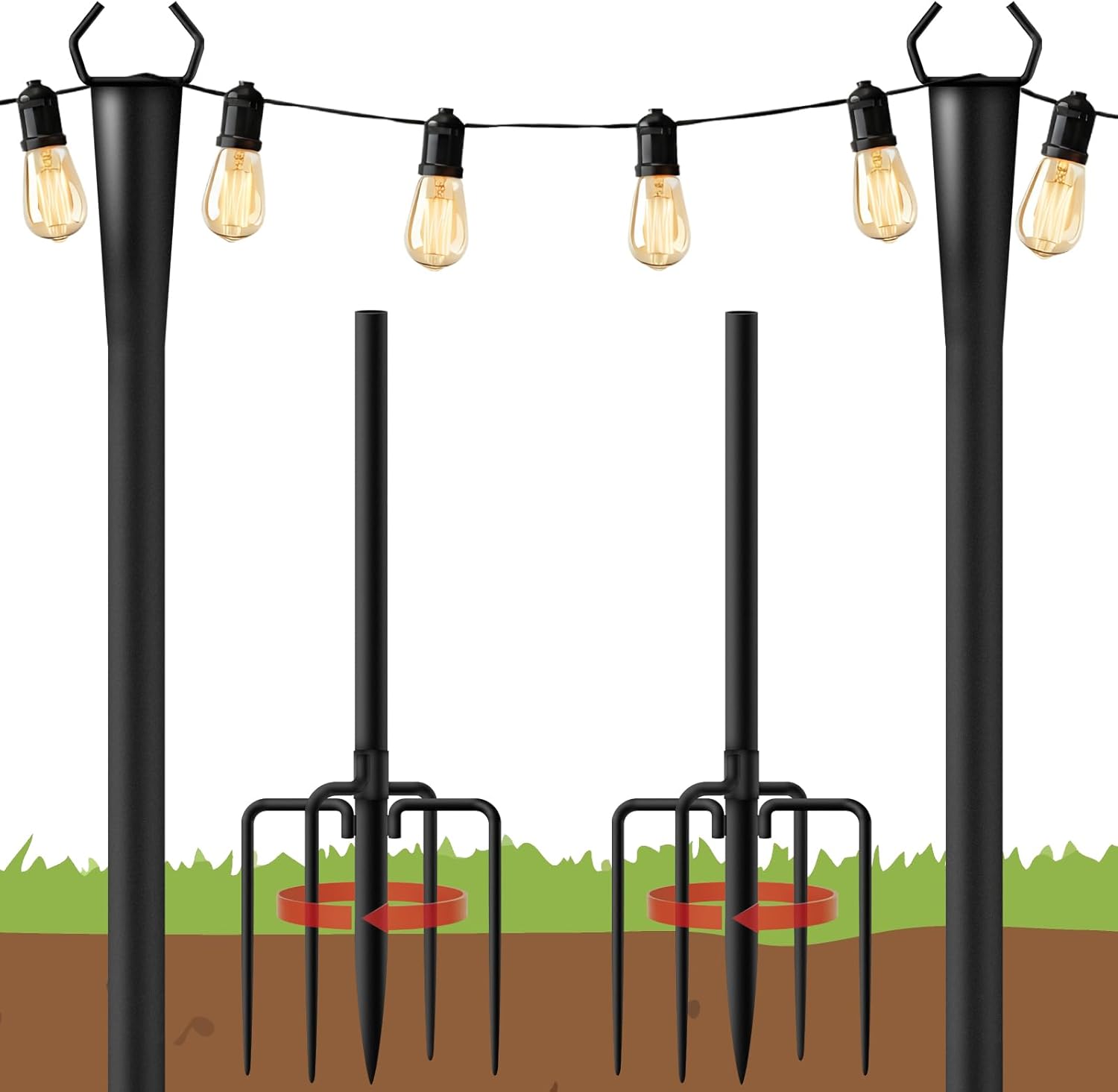 10Ft String Light Poles 2 Pack for Outside, Metal Outdoor Light Poles with 5 Prongs for Garden Patio Backyard Deck, Fence Bracket Hanging Light for Party Wedding Decor