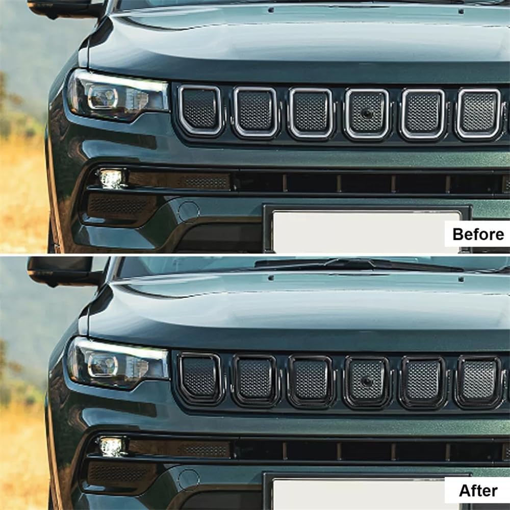 Auto Front Grille Inserts Guard Ring Decorative Trim,Fit forJee-p Compass 2021-2025,Front Grille Grill Inserts Cover 7PCS ABS (Carbon Fiber)