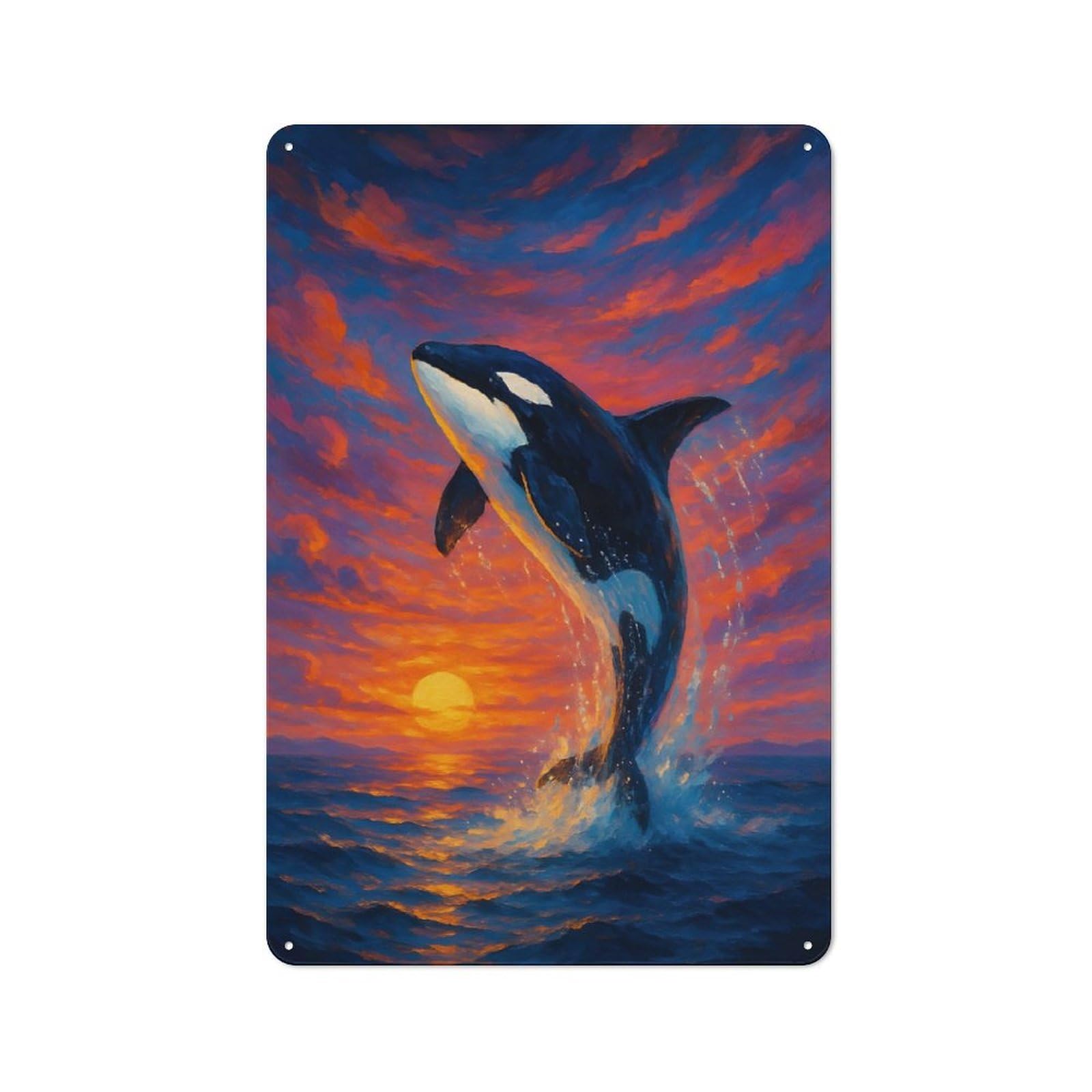 Junmoney Orca Breaching At Sunset Painting Decorative Metal Plaque With Design 30X20cm, Loft Style Loft Wall Plaque For Modern Home, Workshop, Office Or Cafe