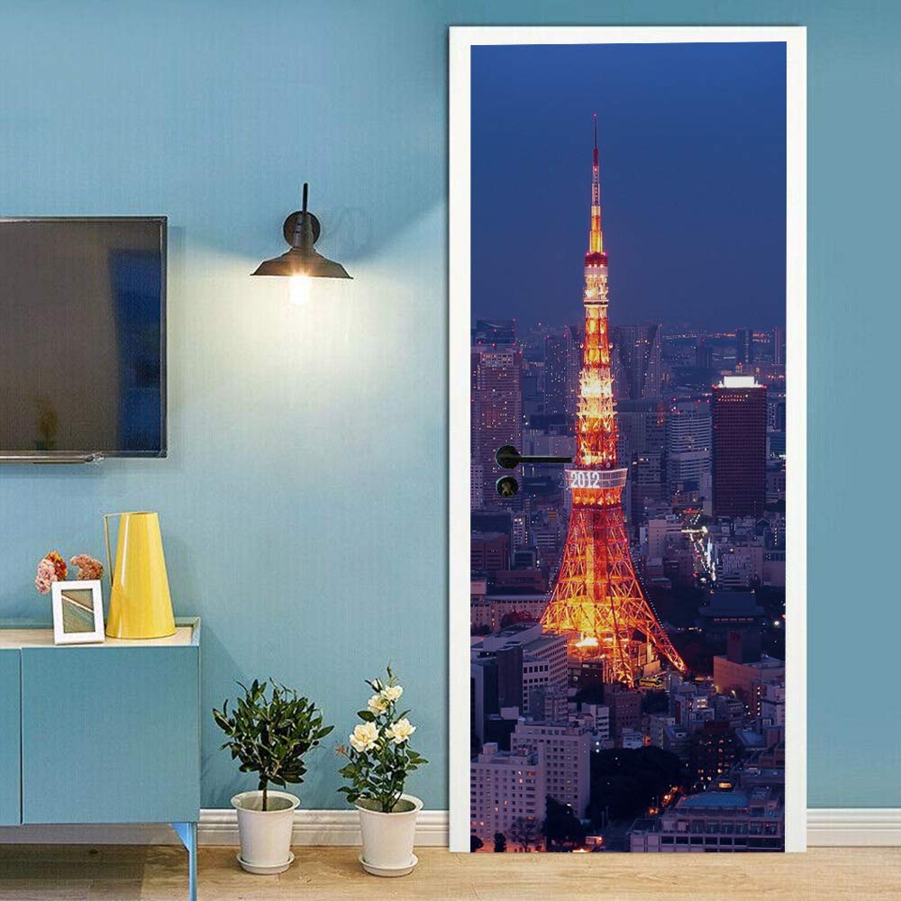 Sticker de porte Tour de Fer effet trompe l'œil 3D nuit 90x200cm poster mural amovible